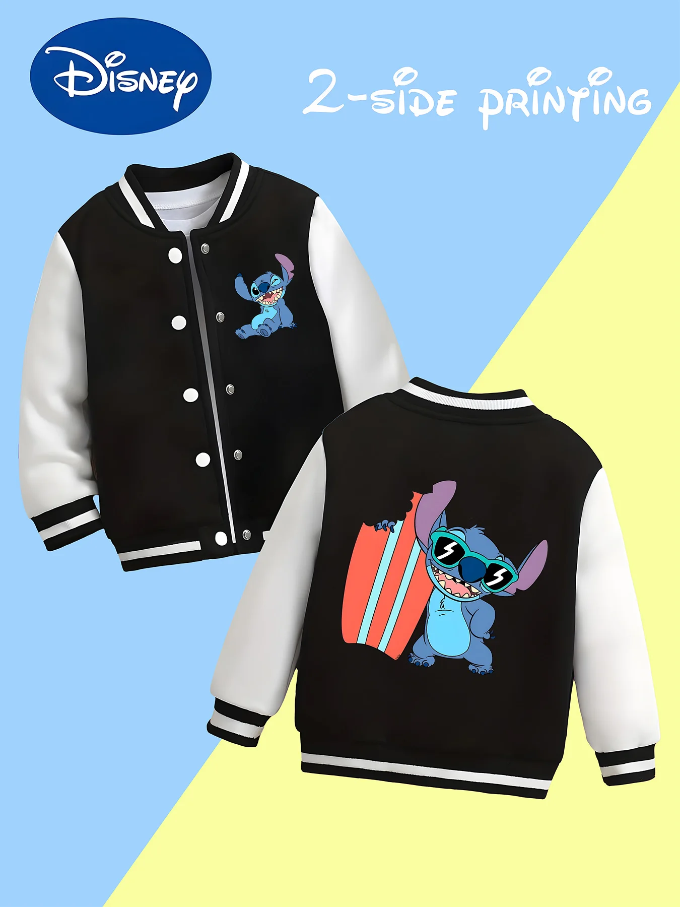 

MINISO Disney Surf Stitch Kids Baseball Jacket for Boys - Reversible Surf Stitch Graphic, Perfect for School, Soft Fabric