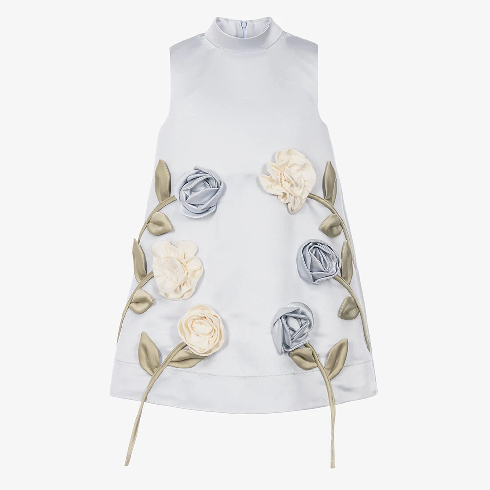 

Customized Luxury Girl's Party Dress Satin High Collar 3D Flowers Modern Children Formal Gowns Knee Length A Line Birthday Dress