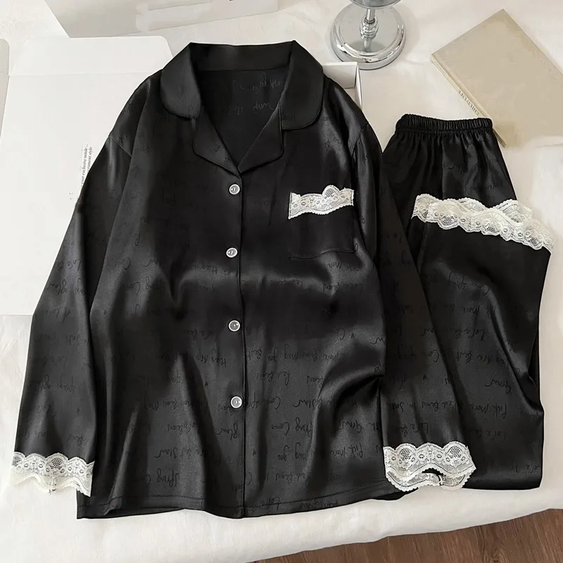 

Корейский стиль, кружевной женский пижамный комплект с буквенным принтом, длинная одежда для отдыха с лацканами, новинка 2025 года, осенний простой мягкий комплект одежды для сна из 2 предметов