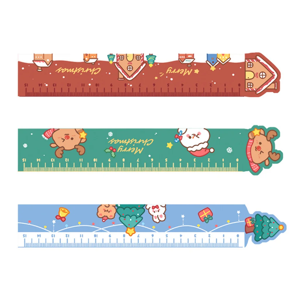 3 PCS Drawing Straight Ruler Wood for Christmas Tricolor Bookmark Cartoon Bamboo Child