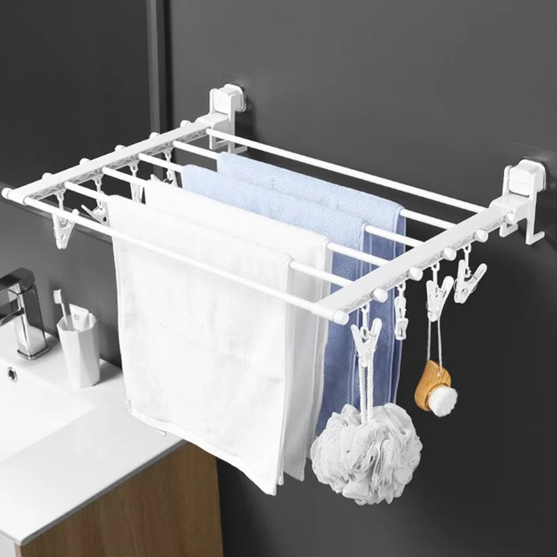 Folding Clothes Hanger Wall Mount Retractable Cloth Drying Rack Indoor & Outdoor Space Saving Aluminum Home Laundry Clothesline