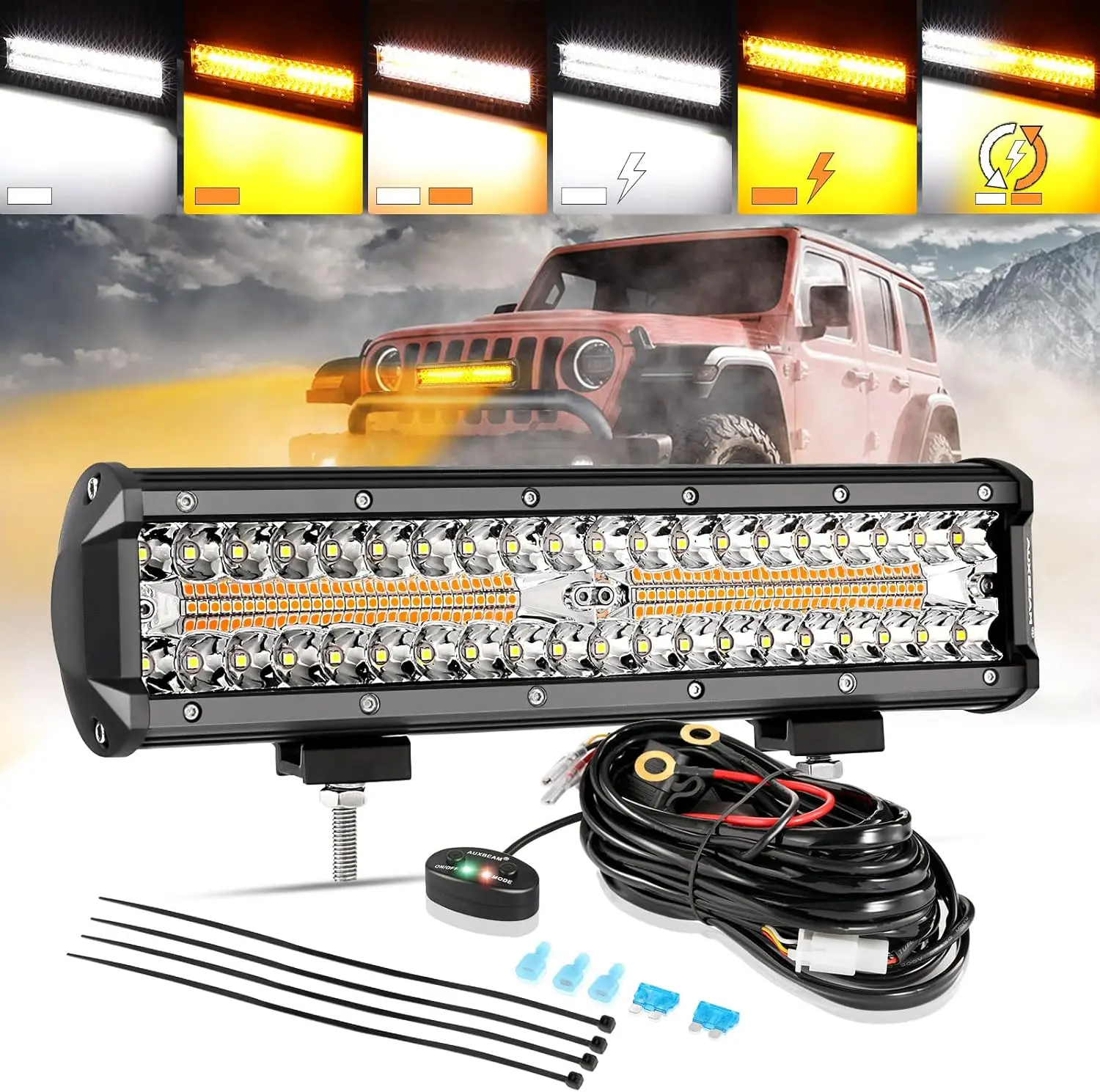 12 Inch LED Light Bar, 6 Modes Strobe Amber Pod Lights Yellow Fog Light Dual Color Spot Flood Offroad Driving Lights, Memory Fun