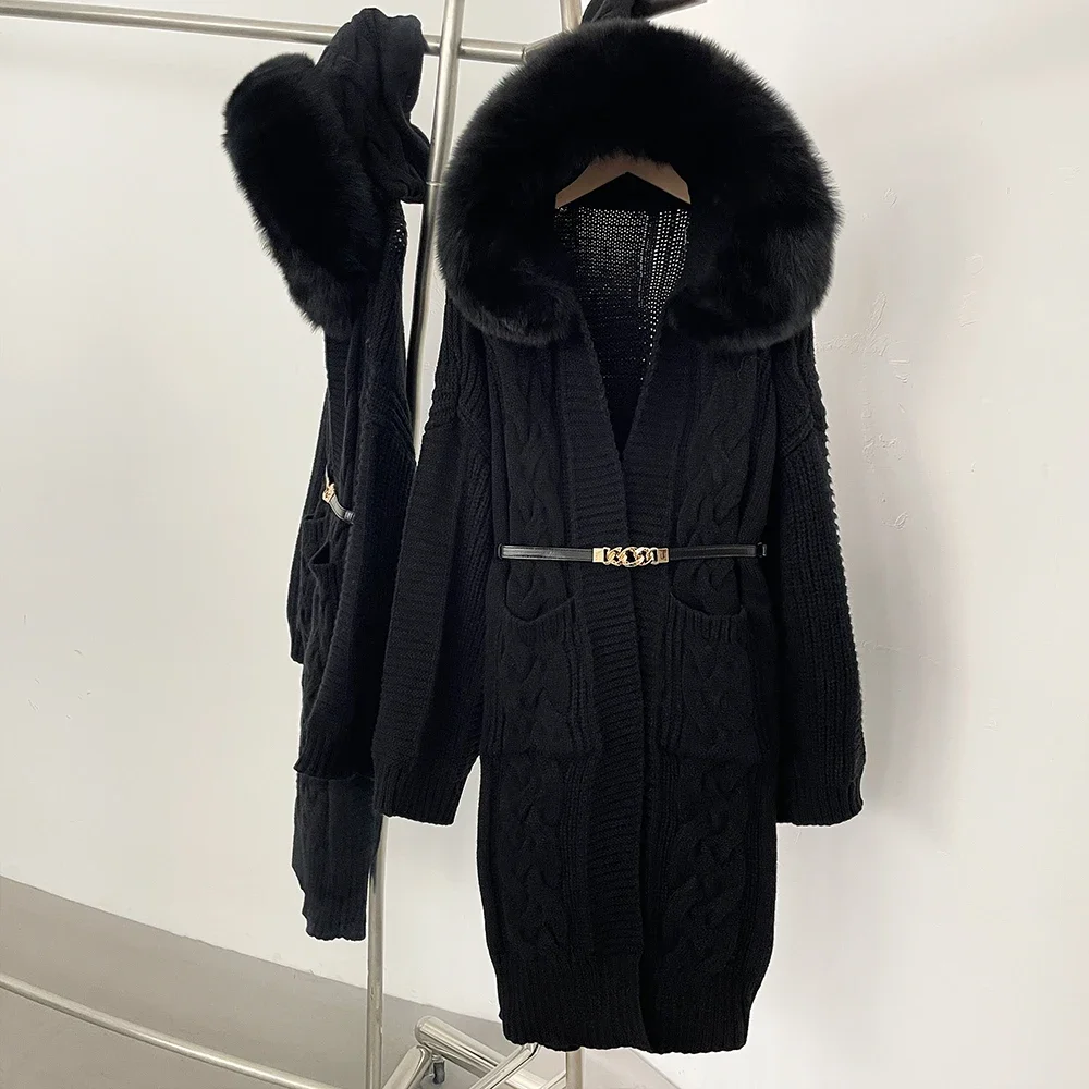 سترة مقنعين سترة فرو الثعلب الحقيقي الخريف تريكو المرأة الربيع معطف الفرو الحقيقي محبوك معطف الملابس موضة حزام سترة الإناث