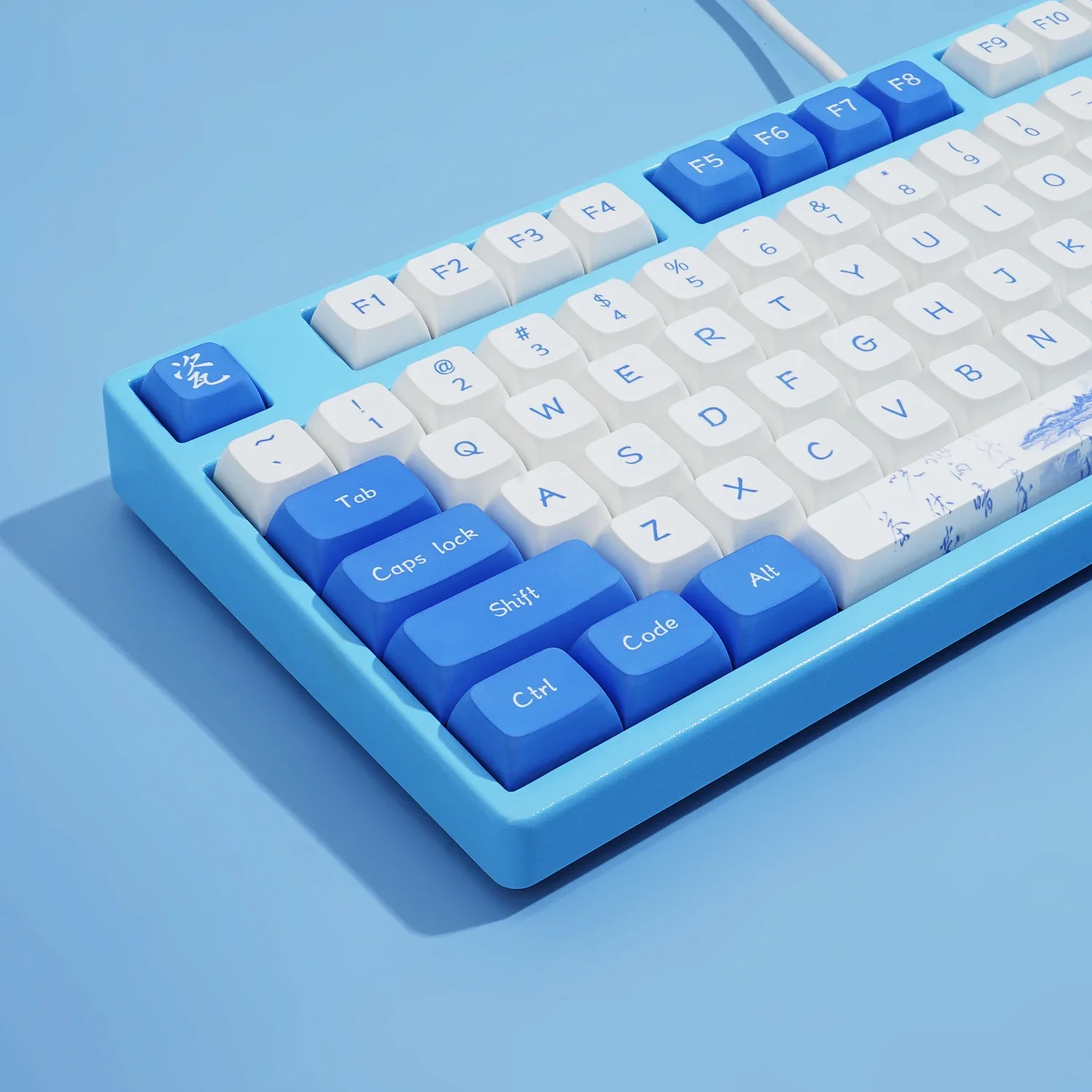 

104 + 24 PBT Five-Sided Sublimation XDA Keycap Cross Shaft Compatible ANSI ISO Layout, Blue and White Porcelain