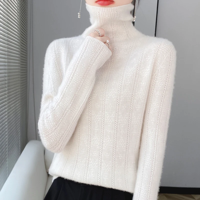 100% Wool Cashmere Sweater Women Turtleneck Long Sleeve Tops Knitted Pullovers Autumn Winter Casual Loose Clothing Warm Jumper