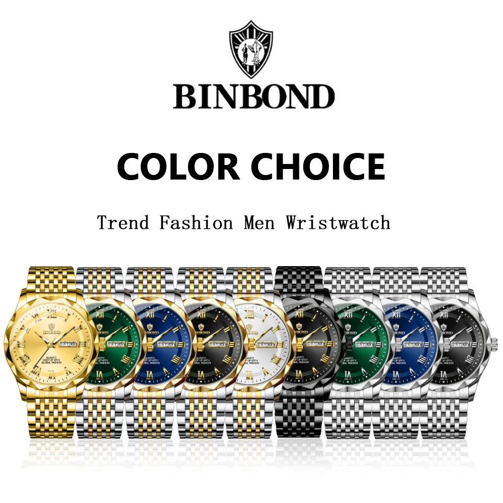 BINBOND Luxury Men's Wtches Business Fashion Original Quartz Watch for Man Roman Dial Rhombus Bezel Waterproof Luminous Date New