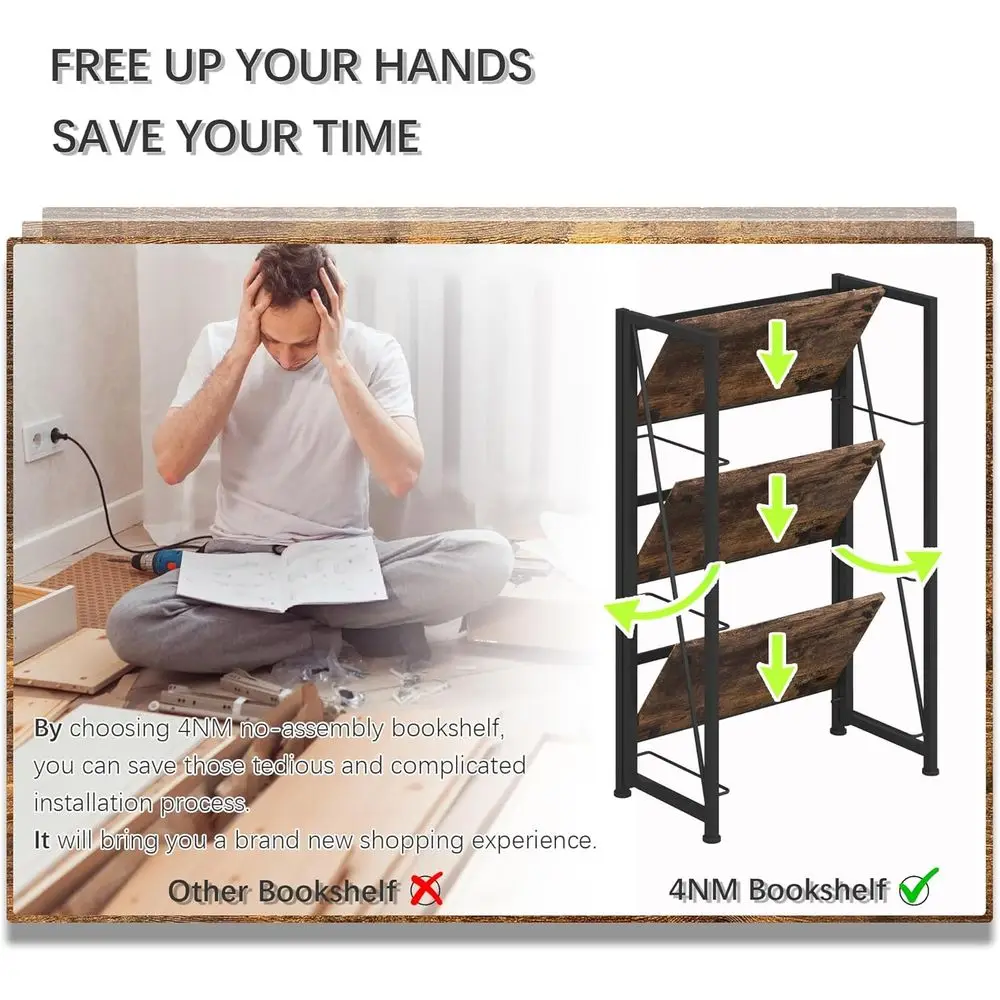 رف كتب عتيق مكون من 3 طبقات - خزانة كتب قابلة للطي باللونين البني والأسود الريفي للمكتب المنزلي وتنظيم الدراسة