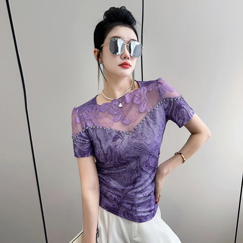 MadBlack-Women European T-Shirt, Sexy Slash Neck Lace Beading, Korean Short Sleeve Slim M-3XL Thin Tee, 2026 Summer New T66976CC