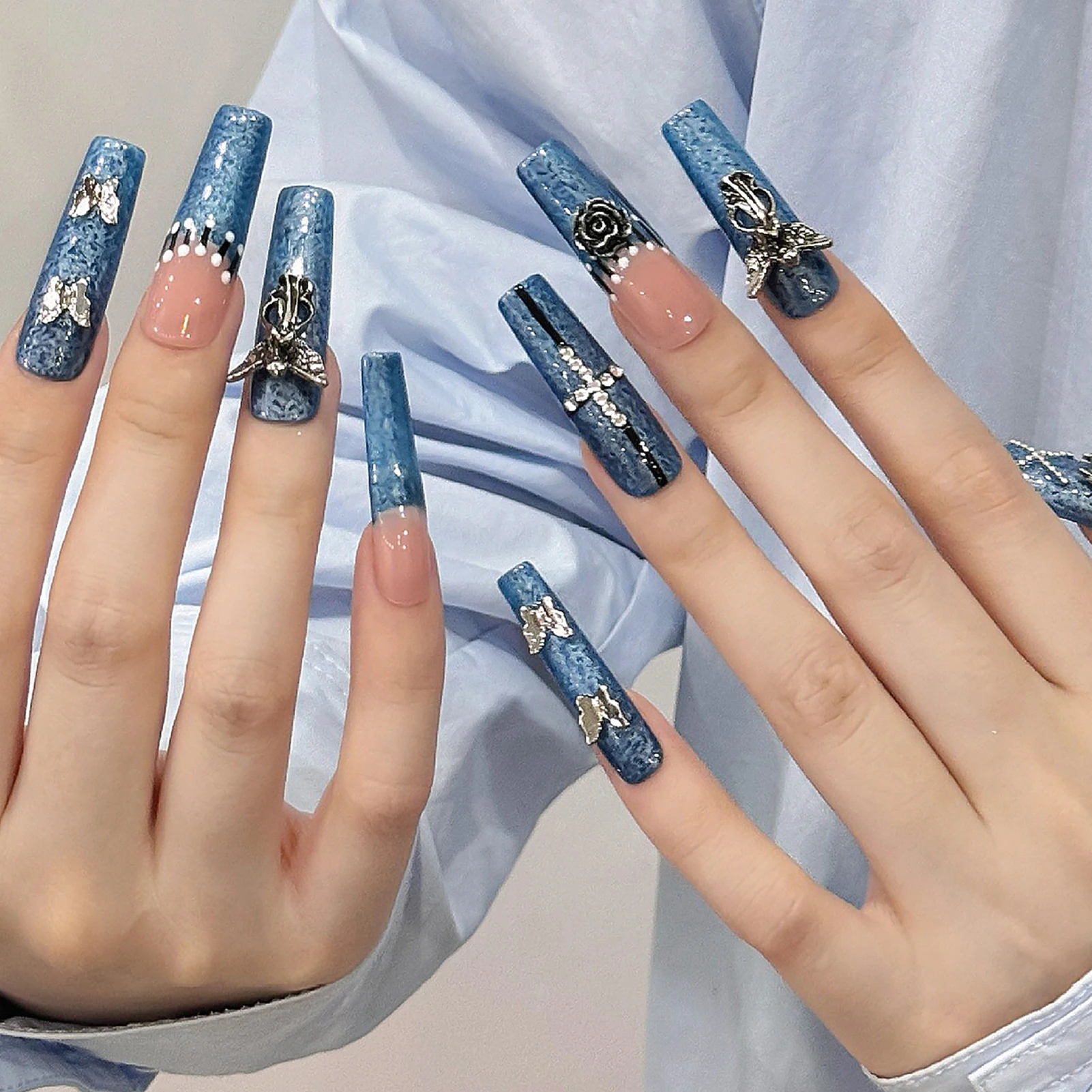 Handgemaakte pers op nagels Heavy Metal Punk Style Long Ballet Coffin False Nails met Butterfly Angel Skull Decor Fake Nail Tips