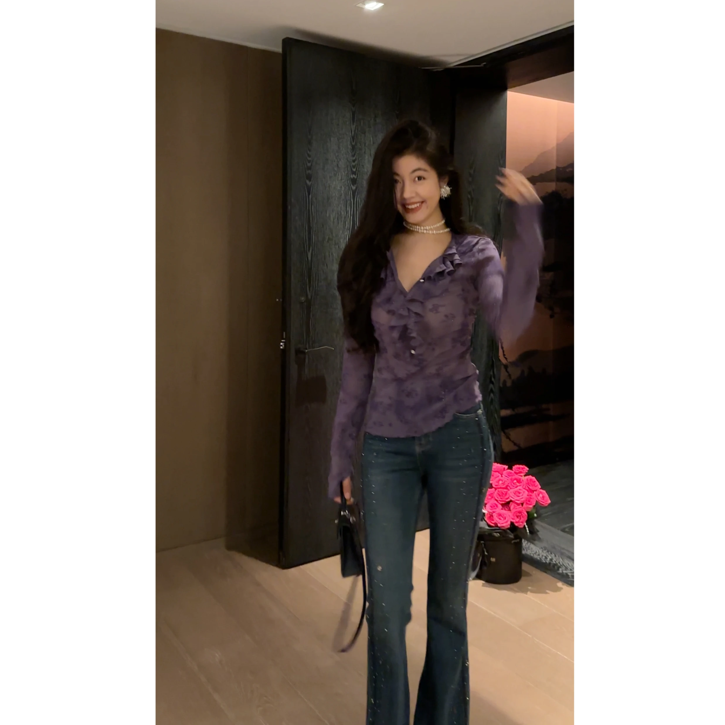 

NCOU Unique Beautiful Retro Floral Lace Trim Belted Thin Long Sve Top Women's Faion Autumn New Arrival Chinese Sle irt