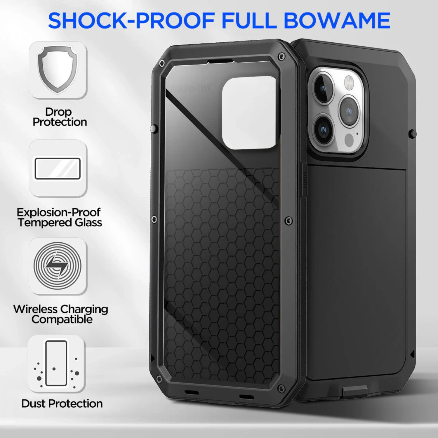 Metal Case, Heavy Duty Shockproof Tough Rugged Case with Built-in Glass Screen Protector,  Full Body DustProof Protective Cover 