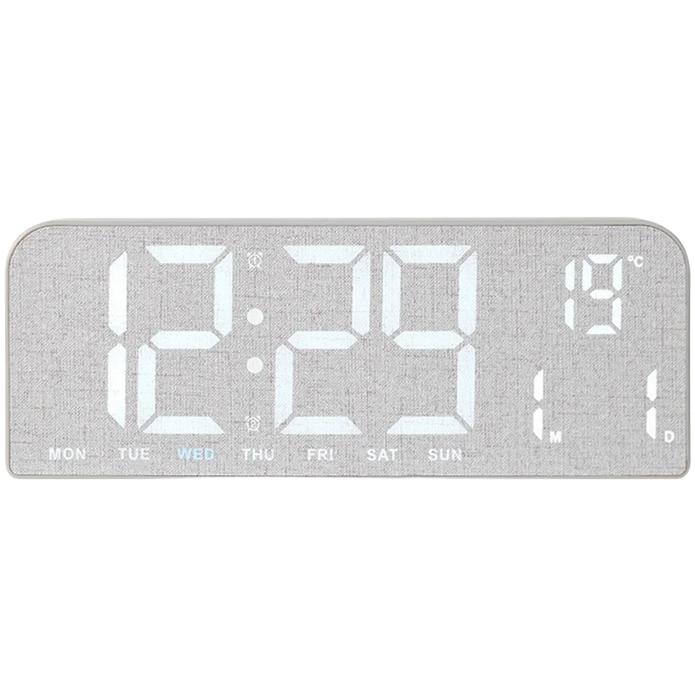 Calendar Display Large LED Alarm Clock Gray Imitation Linen Temperature Display 4-level Brightness Brightness Off Option