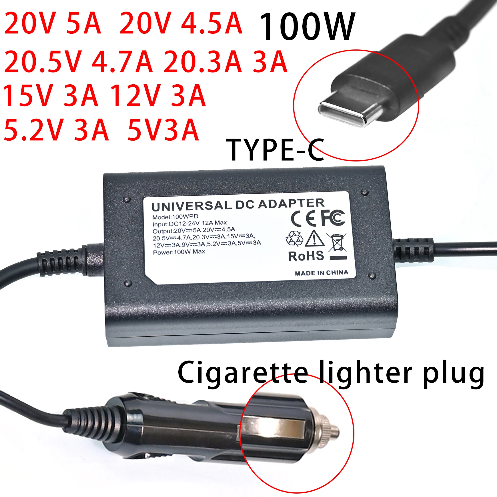 100W 12V-24V Uniwersalna ładowarka samochodowa USB-C PD 5V 9V 12V 15V 3A 20V 5A do Mac, laptopów, tabletów, smartfonów HP DELL ASUS LENOVO