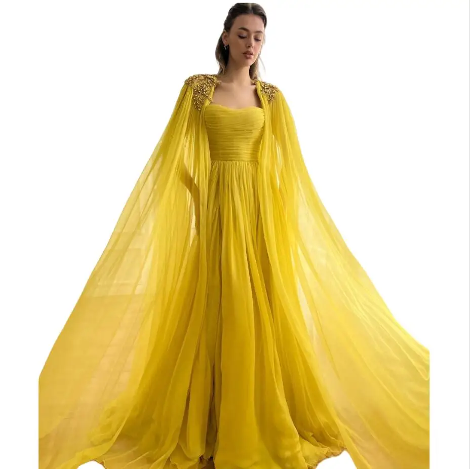 

Tulle Evening Dress with Cape Customized Pleat Pageant Gowns Sweet Side Slit Party Dresses A Line Vestido De Novia