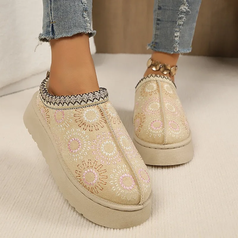 2026 Winter New Printed Thick-Soled Half-Slip Snow Boots, Stylish, Comfortable, Short Plush, Warm, Non-Slip Women's Slippers