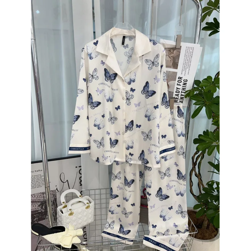 

Fashionable Butterfly Print Design Elegant Women's Pajamas Chic High Quality Satin Material Herringbone Ice Silk Pyjamas Sets