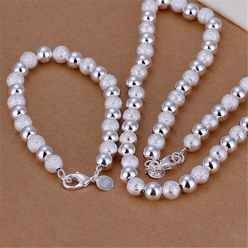 

Hot custom 8MM Frosted beads 925 Sterling Silver Bracelets necklace Jewelry sets for women men fashion wedding Party Gifts