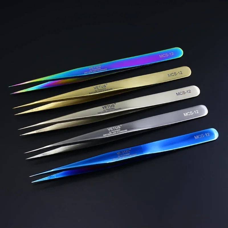 100% Genunie VETUS MCS-15/12 series  Rainbow Tweezers False Eyelash Extension Tweezer Stainless Steel Colorful Tweezers