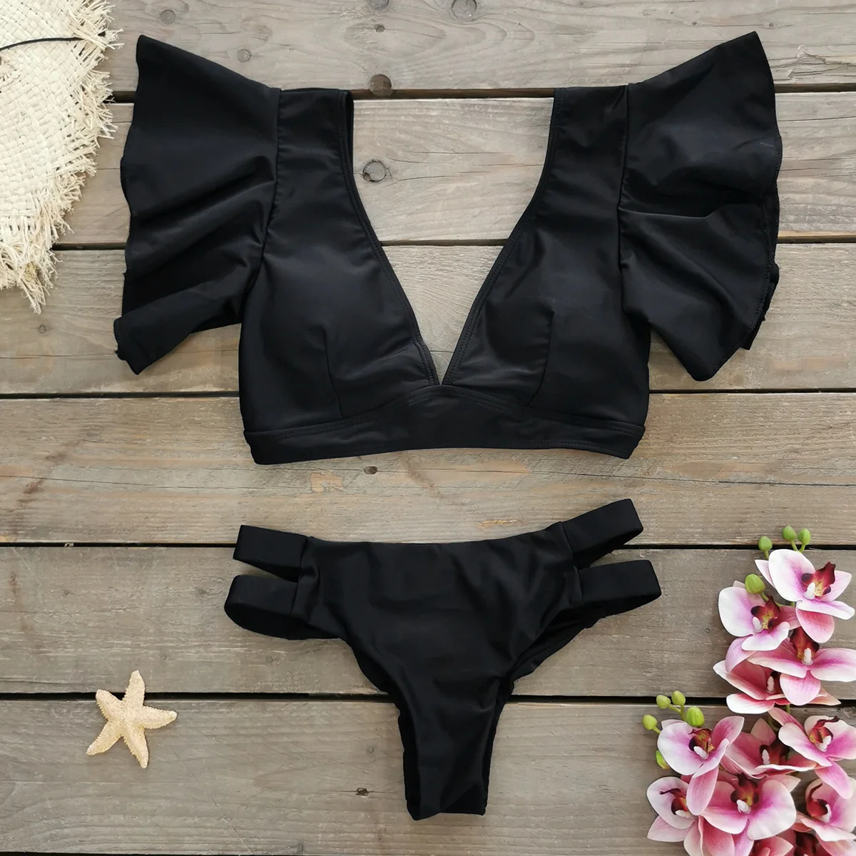 Sexy High Waist Bikini Set Swimwear Women 2024 Ruffle Sleeves Swimming Suit V Neck Bathing Suit Female Push Up Beach Wear Mujer