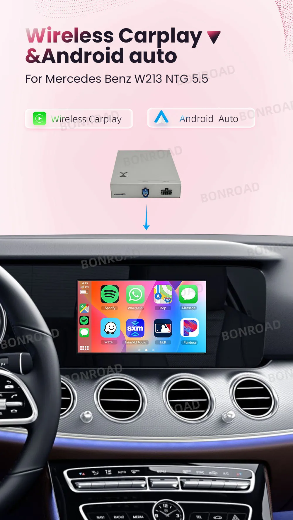 BONROAD Wireless CarPlay Android Auto Interface-Modul für Mercedes Benz W213 NTG 5.5 mit 7-Zoll-Bildschirm, Bluetooth Mirror Link – Detail 1