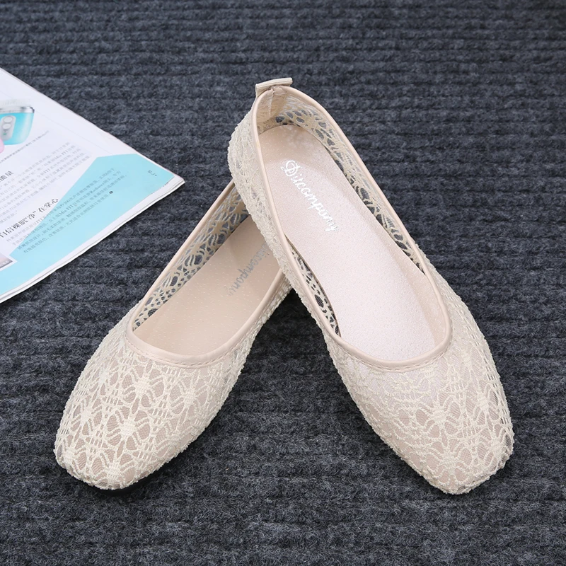 Women\'s Transparent Lace Soft Flats Ladies Square Toe Sexy Black Boat Shoes Summer Breathable Beige Non-Slip Flat Shoes 35-40