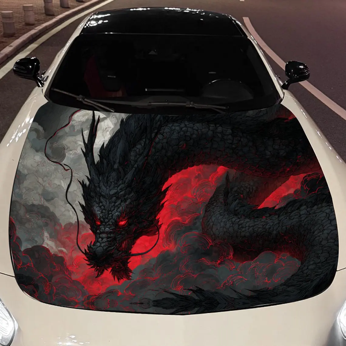 

Red-Eyed Black-Scaled Dragon in Grey Cloud Secret Realm Car Vinyl Wrap, PVC Material Waterproof Car Hood Sticker, Self-Adhesive