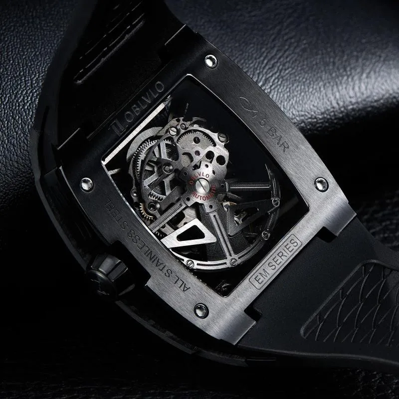 Oblvlo For Men Watch Skeleton Automatic Mechanical Wristwatch Carbon Fiber Tonneau Case Male Clock 64 Hours Power Reserve Reloj