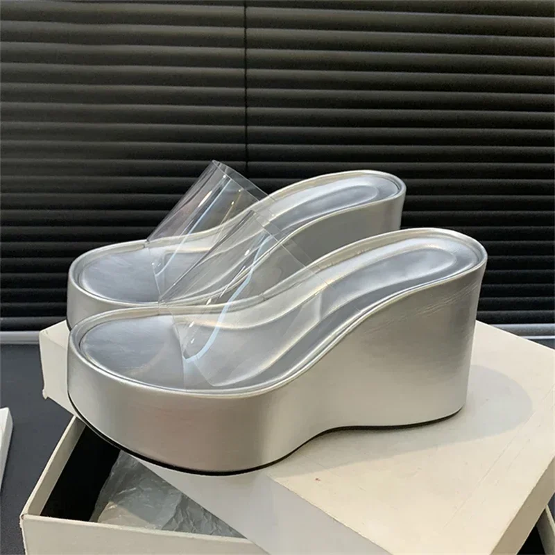 PVC Transparent Open Toe Women Slippers Fashion Solid Platform Wedges Shoes High Heels Casual Party Summer Sandals