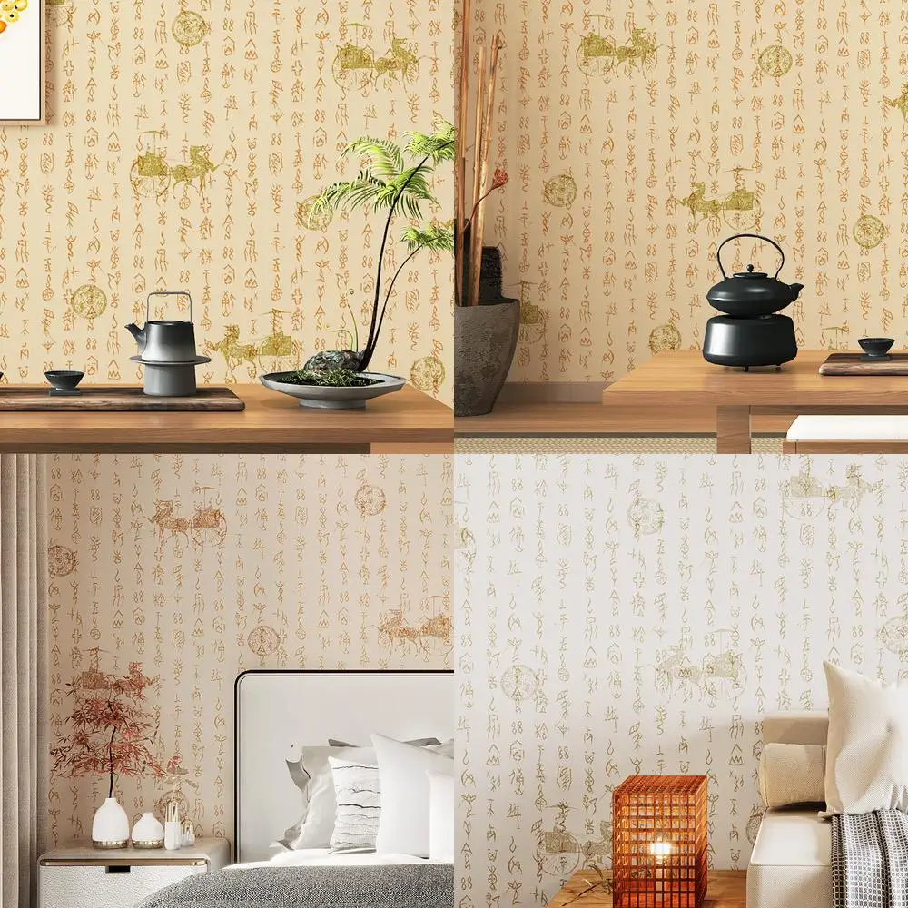 New Chinese Style TV Background Wall Wallpaper Chinese Calligraphy Tea Room Ancient Style Vintage Wallpaper for Study Tea House