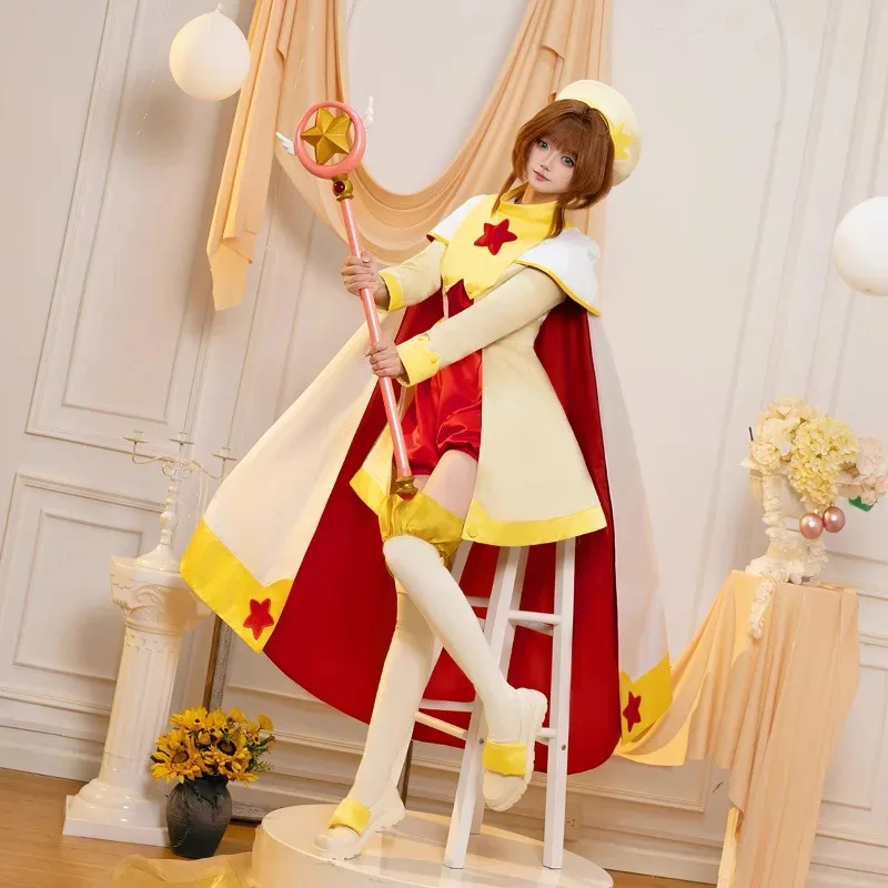 

Sakura Card Captor Sakura Cosplay Costume Dress Cape Hat Socks Wig Women Anime Dress with Cape Custom Made