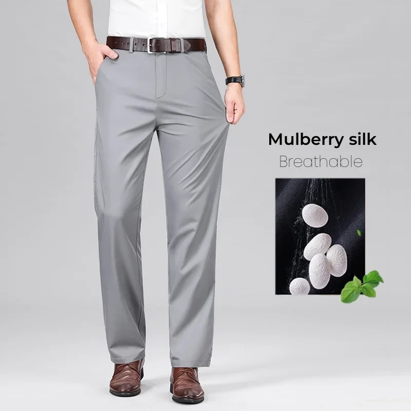 Mulberry Silk Men\'s Business Casual Pants Summer Thin Breathable Male Loose Trousers Straight Non-iron Solid Color Plus Size 42