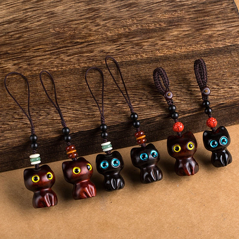 Sandalwood Wooden Cat Keychain Anime Cute Mobile Phone Chain Wooden Bag Pendant Accessories Car Keys Pendant Charms