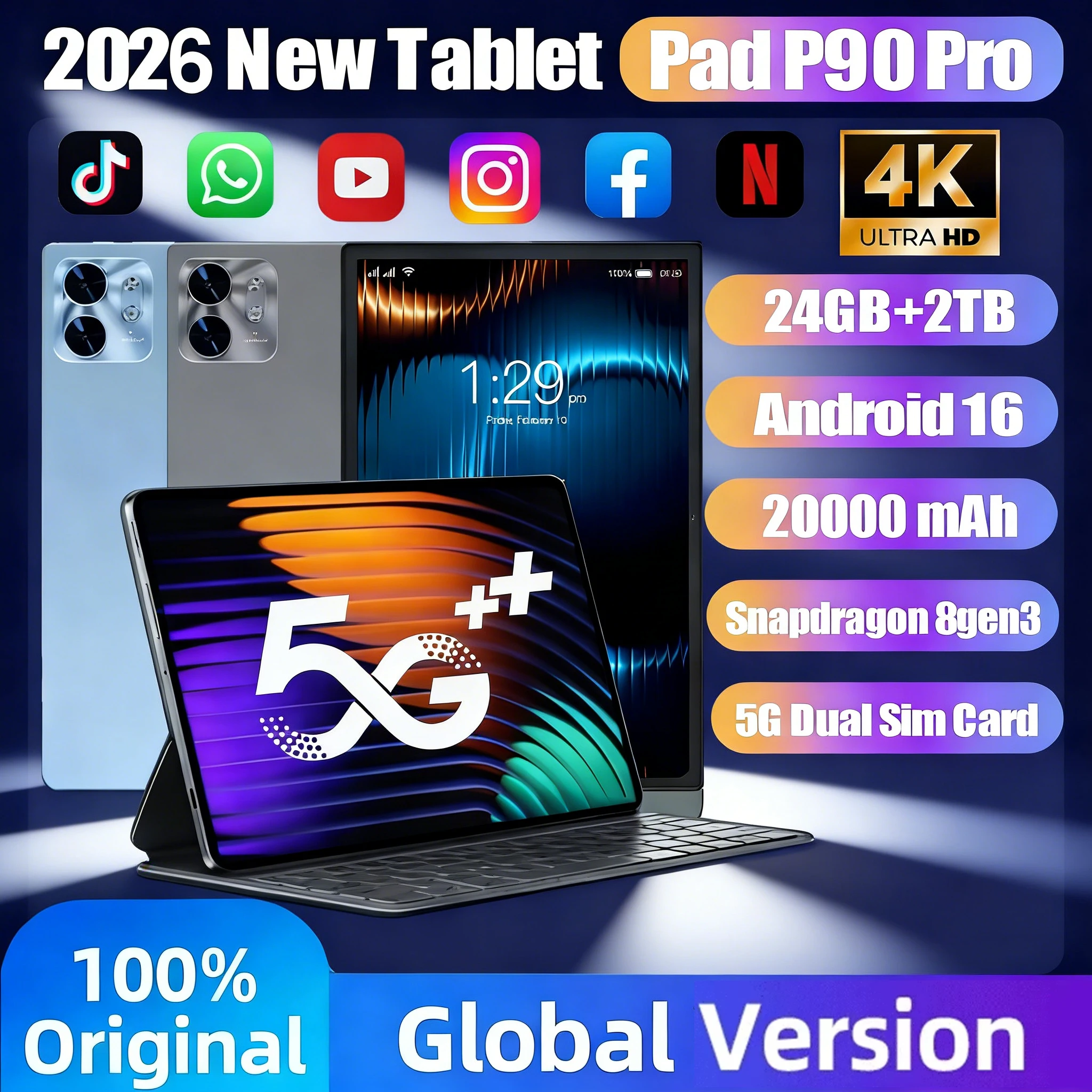 2026 New Launch Pad P90 Pro 11-inch Tablet Snapdragon 8 Gen3 Tablets 24GB+2TB Face Recognition 20000mAh 5G Dual SIM Android 16