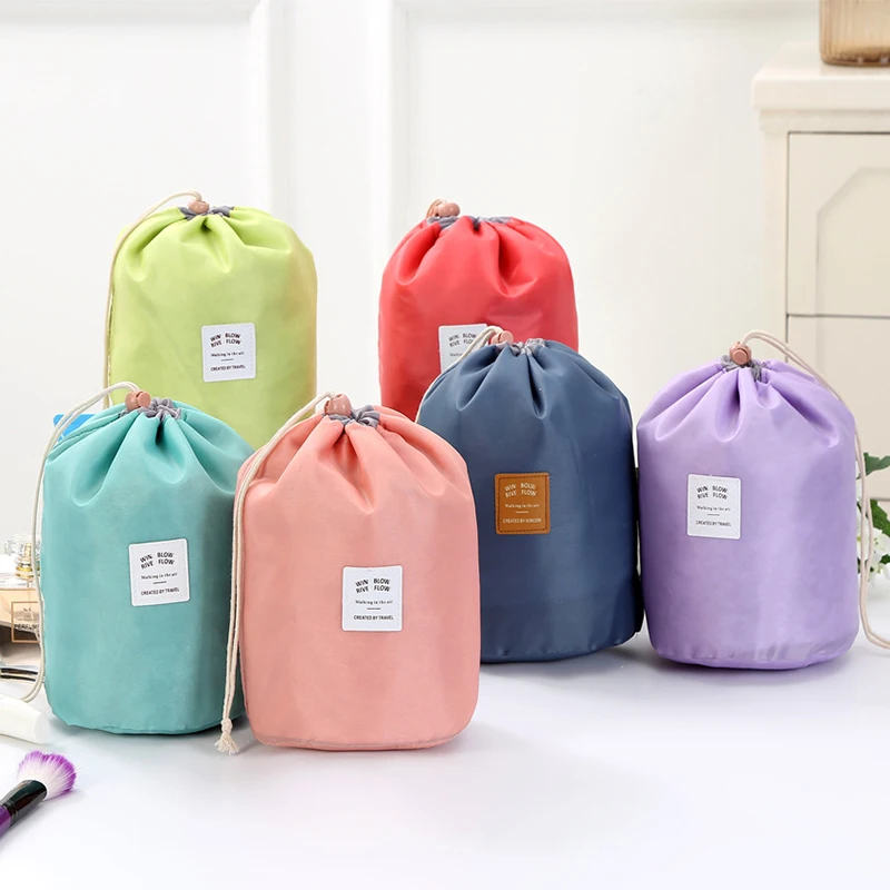 Waterproof Round Cosmetic Bag Travel Nylon Makeup Bag Drawstring Elegant Organizer Wash Bags Female Toiletry Kit Storage Case