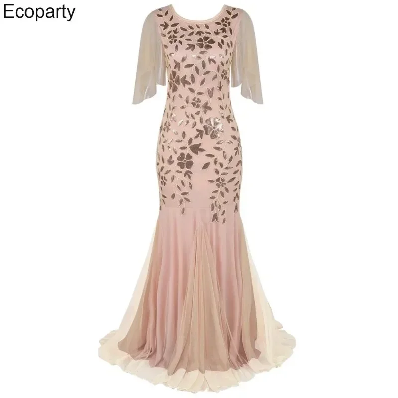 Women O-neck Tulle Embroider Evening Dress Elegant Mermaid Vintage 1920s Party Dress Great Gatsby Mesh Sequin Maxi Long Dress 35