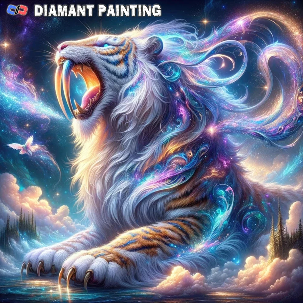 Colorful Domineering White Tiger Pattern DIY Diamond Art Painting Kit, Full Diamond Round Diamond, Mosaic Art Craft,  Wall Art