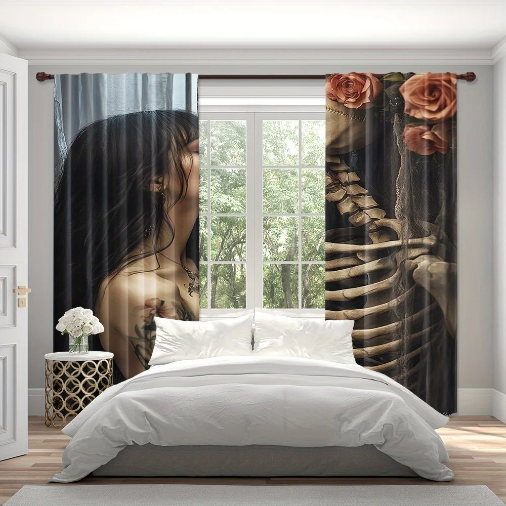 Gothic Skull & Girl Curtain Tattooed Beauty & Skeleton Print Drape, Dark Aesthetic Window Treatment for Living Room Bedroom Home