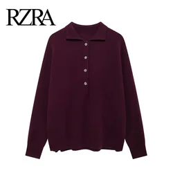 RZRA2024 autumn and winter new women's lapel long-sleeved blended loose POLO shirt casual loose knitted pullover