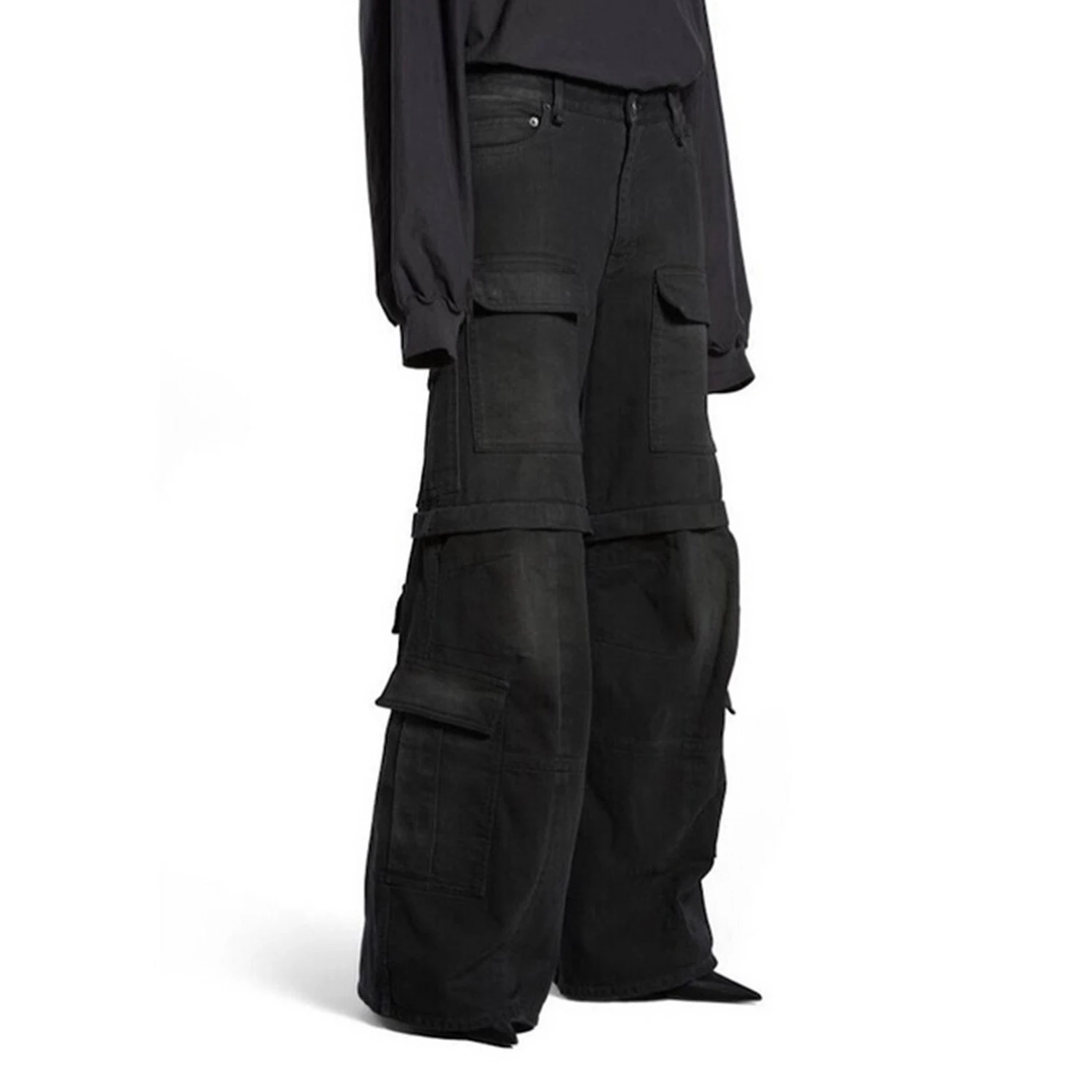 Firmranch Black Make Old Detachable Cargo Denim Pants For Men Women High Street Flared Jeans Two Ways To Wear Bootcut Trousers