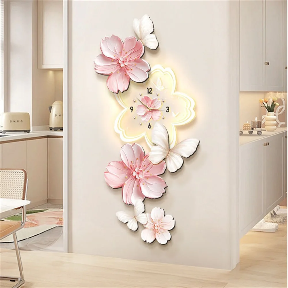 Cream Nordic Style Entrance Hall Decorative Painting with Clock wall lamp Flower Cluster Corridor Passageway art Hanging mural