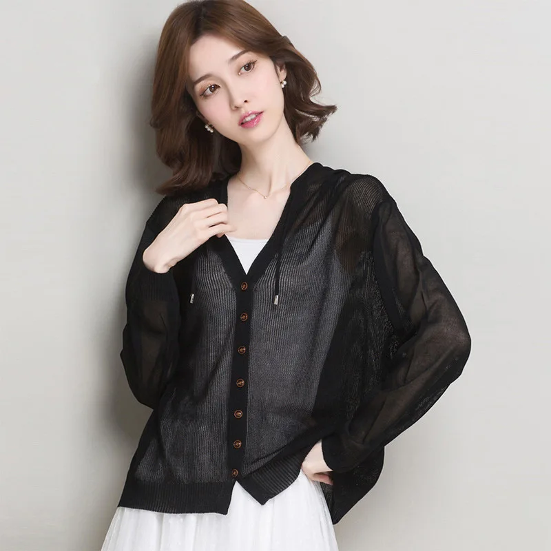 女性用帽子付き軽量カーディガン,長袖,シングルブレスト,ドローストリング,韓国日焼け止め,毎日毎日,夏