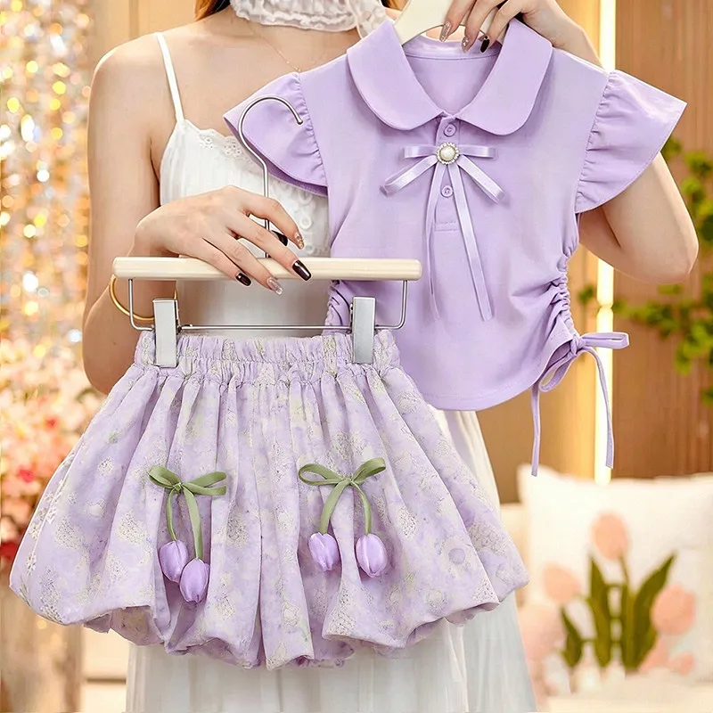 2026 Girls' Summer Set Purple Flying Sleeve Shirt T-shirt Tulip Sprout Pants Baby Stylish Two Piece Set