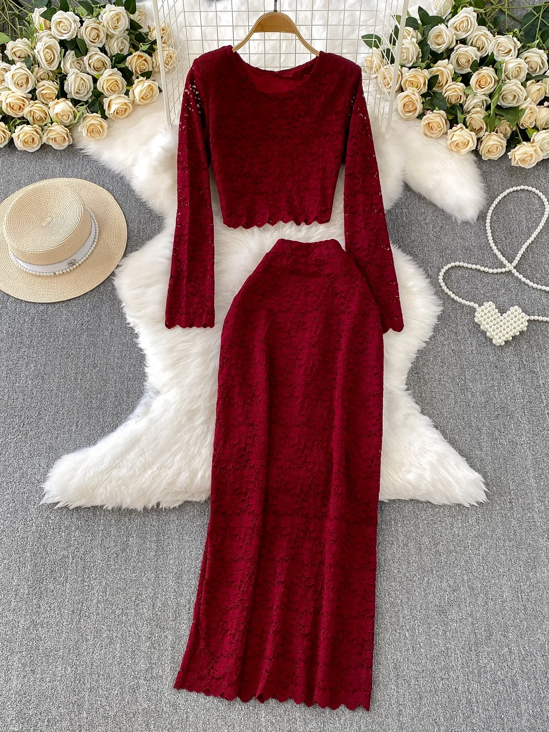 Ele Lace Long Sve T-irt ort Design round Ne Top with Chic Skirt Set for Young Women Summer Faion Outfit