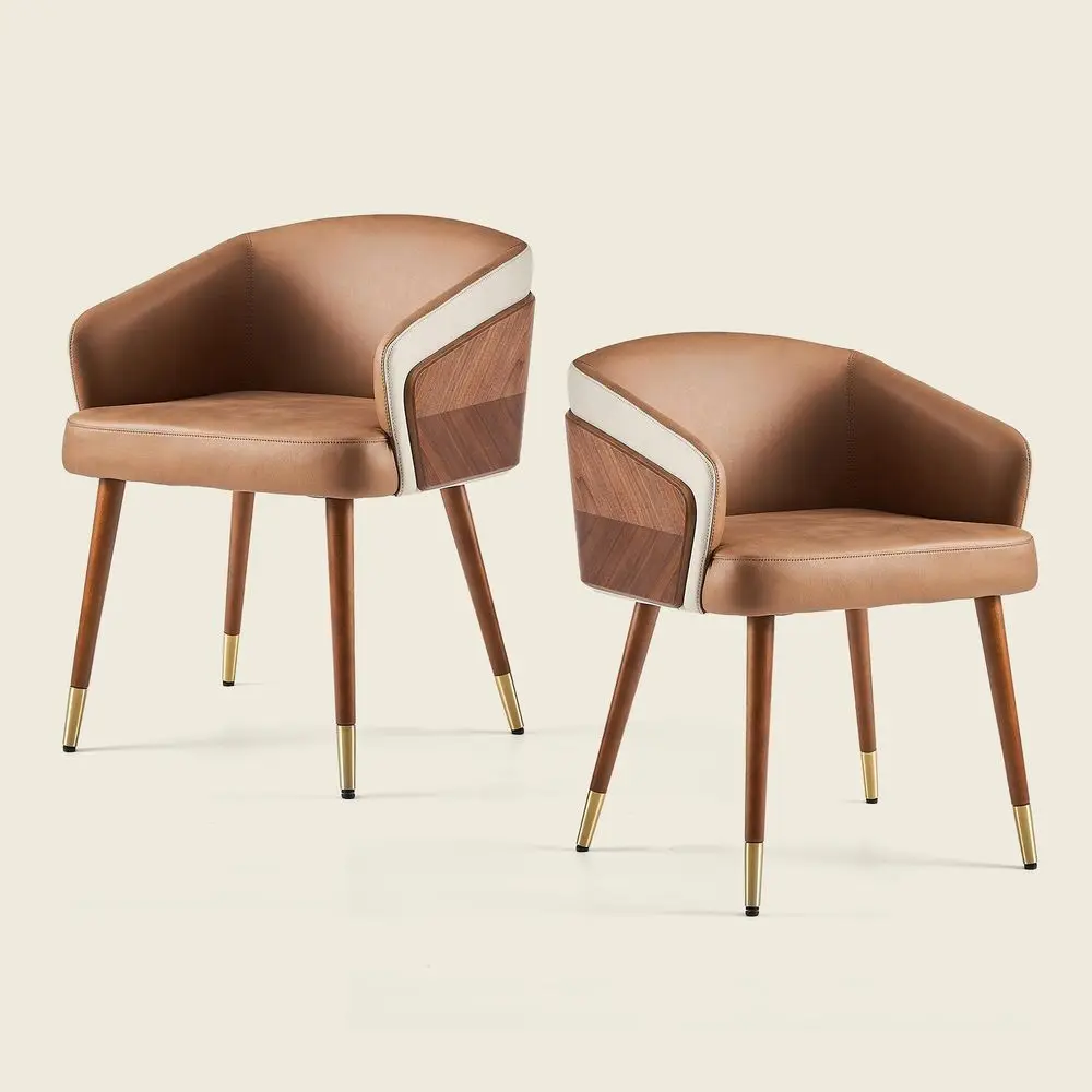 

Dinning Mid Century Modern Chairs Set of 2,Faux Leather Upholstered Accent Arm Chairs,Beech Legs with Metal for Living Room,Din