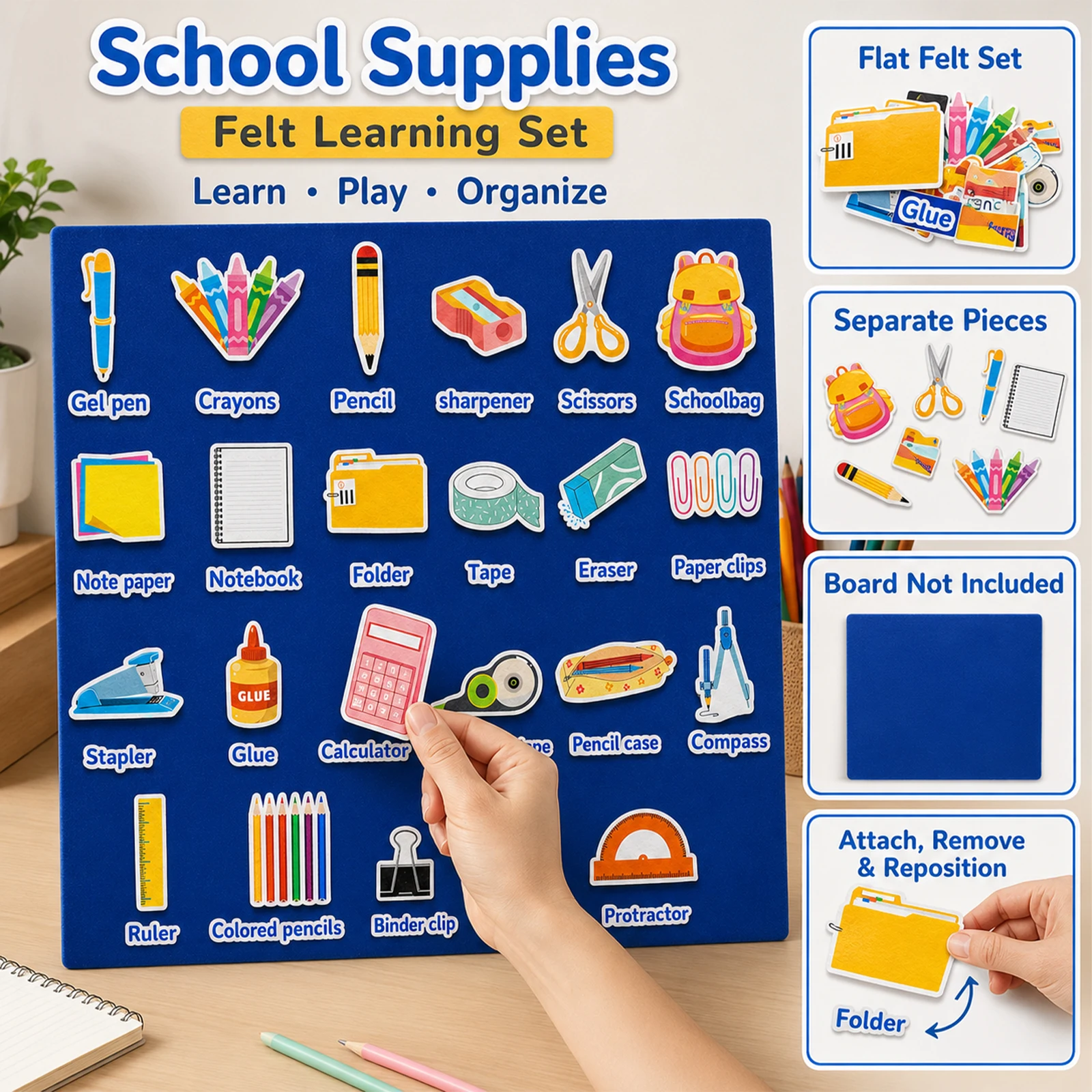 44 Pcs Stationery Vocabulary Felt Cards, Matching Game Teaching Props, Classroom Interactive Aids for Early Education, Back-To-S