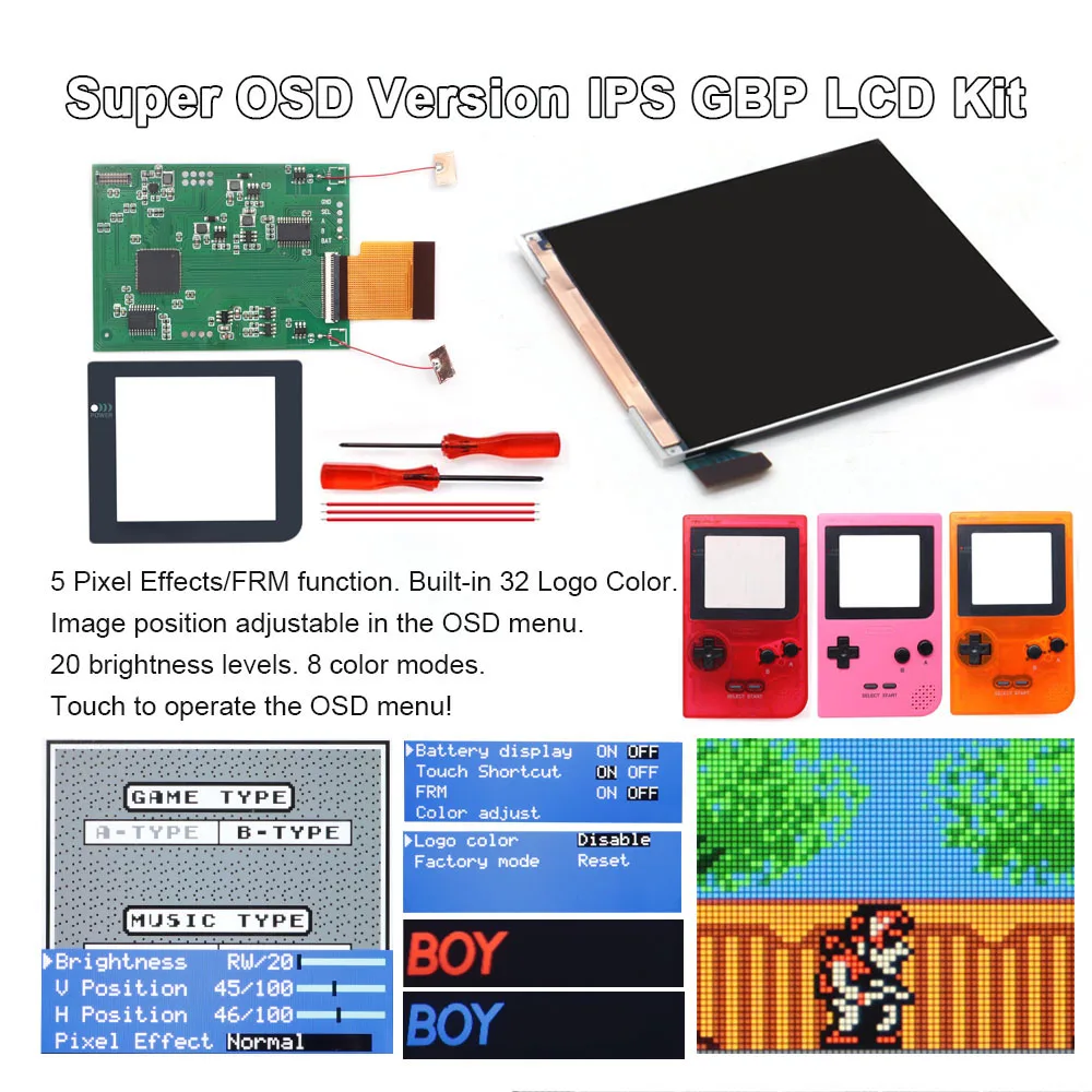 32 Logo Color Adjustable GBP Q5 IPS Larger Screen LCD Display Build in OSD FRM for GBP Retro Pixel Screen Kits with Shell