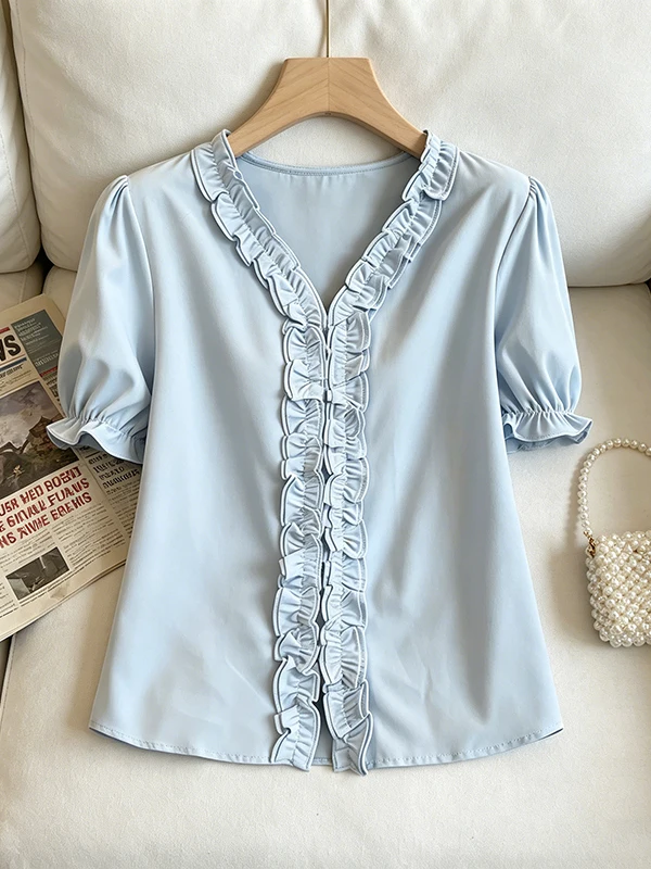 

plus Size Blue Short Sleeve Women's Shirt V-Neck Wooden Summer New Style Korean Version Breathable Comfortable Korean Style