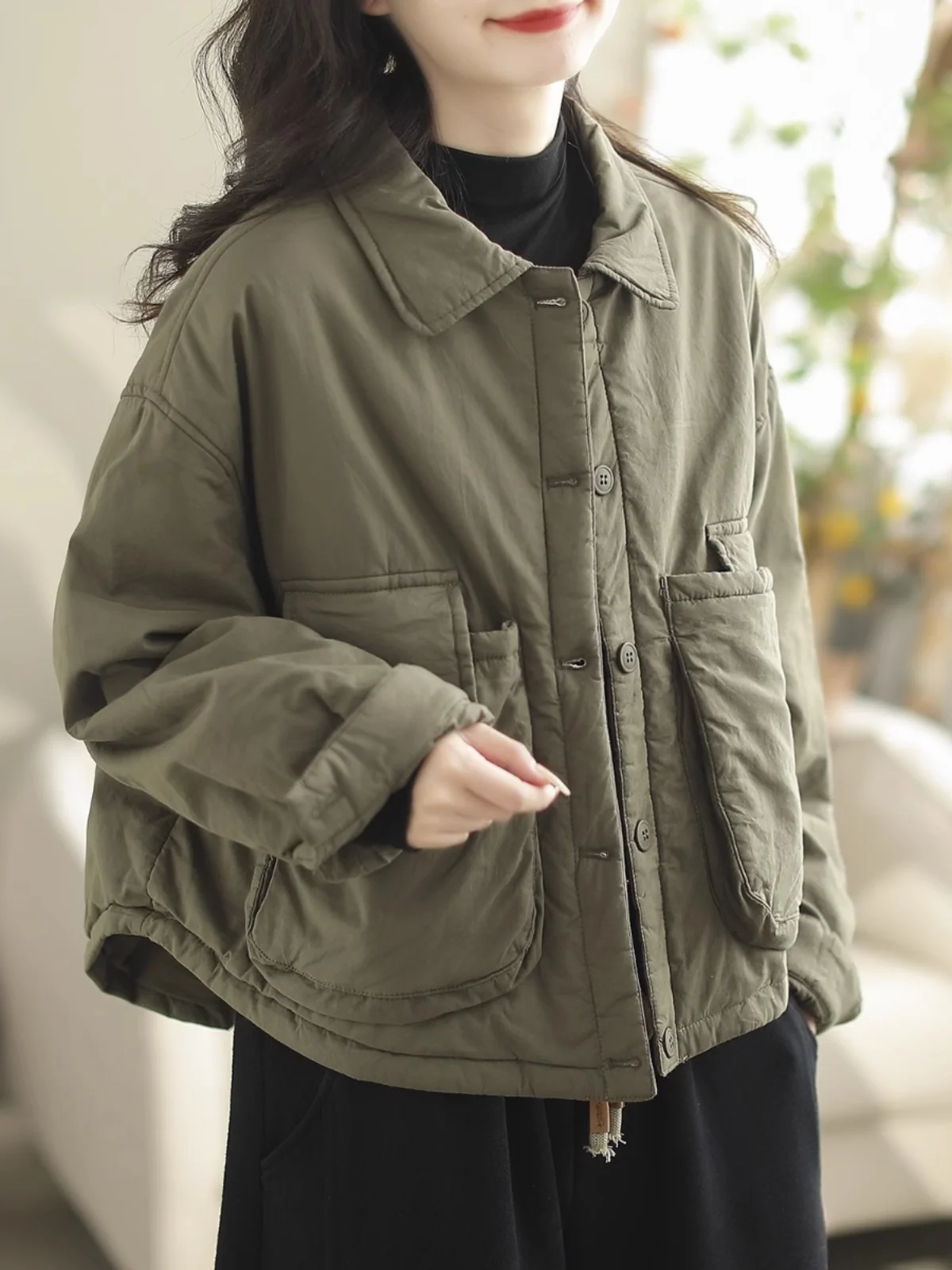 

Women's ort Loose Cotton Jaet Lightweight Warmth Commute Sle Korean Version 2025 Winter Thiened Long Sve Collar