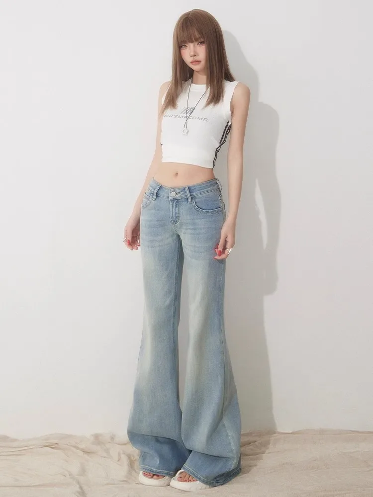 Slim Fit, schlichte, ausgestellte Jeans für Damen, modisch, kausal, England-Stil, Y2K-Straßenarbeit, niedrige Taille, klassische Kleidung