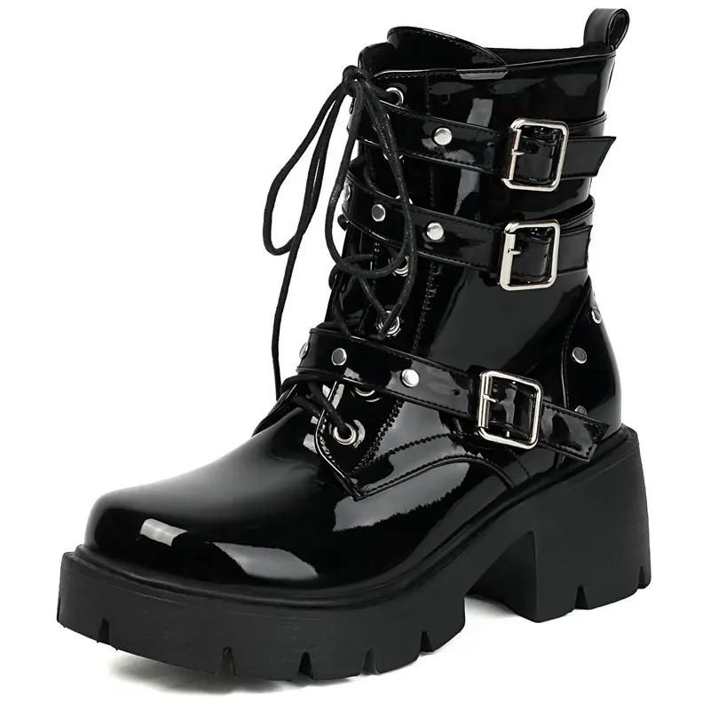 

Лакированная искусственная кожа, черный круглый носок, квадратный массивный каблук, платформа, перекрестная завязка, шнуровка, пряжка, ремень, ботильоны, ботинки в стиле панк, ботинки для верховой езды